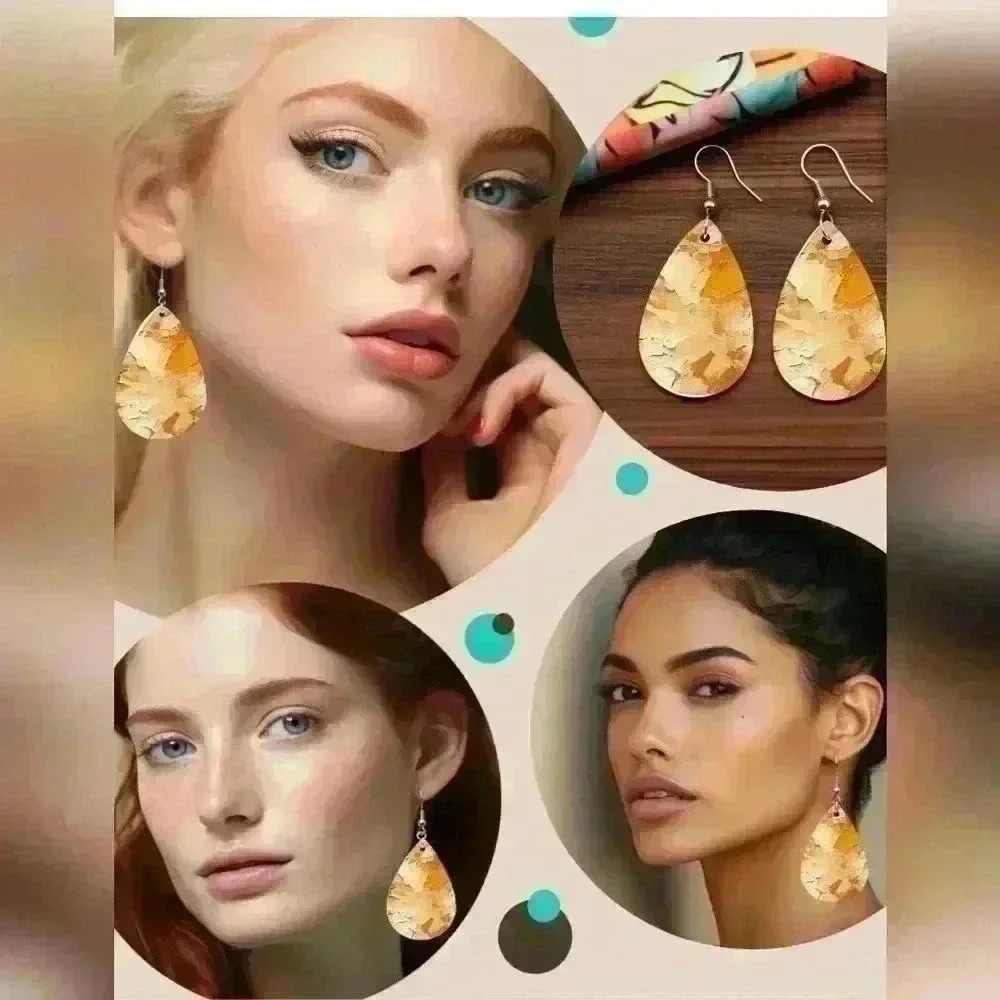 Yellow  abstract oil painting printed tear drop pendant earrings